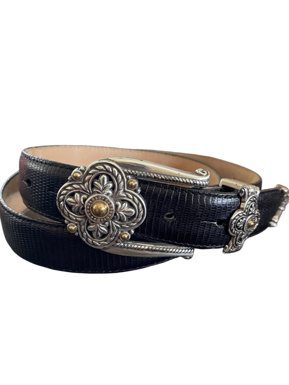 Brighton Black Leather Belt with Ornate Floral Hardware Country Western Chic XL